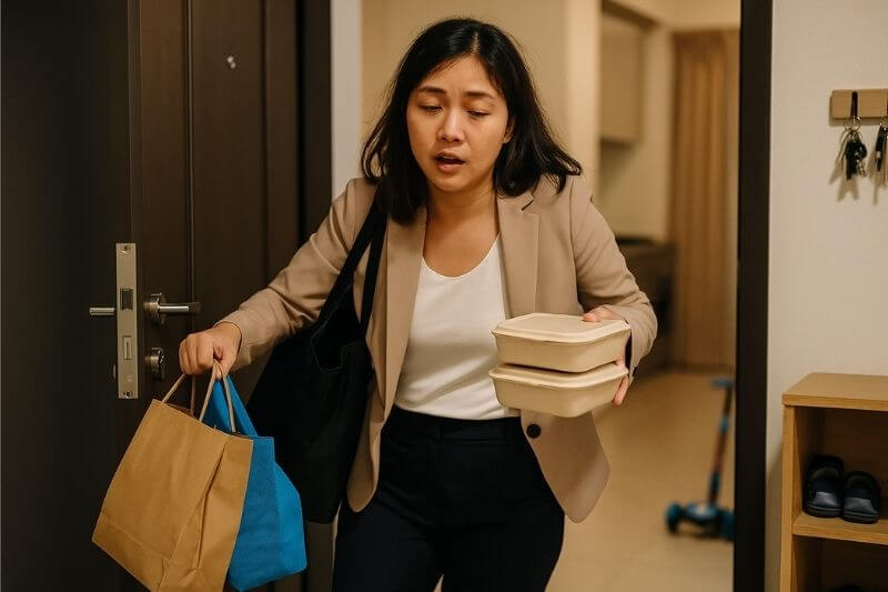 tired mother walking through the door rushing to make dinner for family