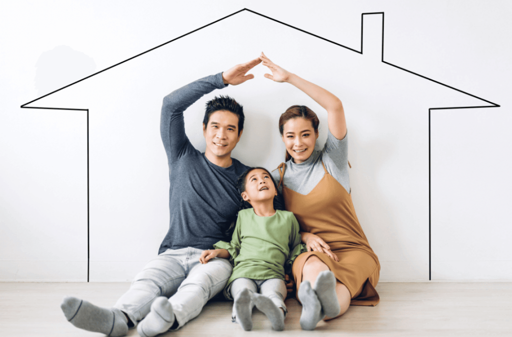 portrait enjoy happy smiling love asian family father and mother with young parents little asian girl sitting and making roof house with hands arms over head in new home