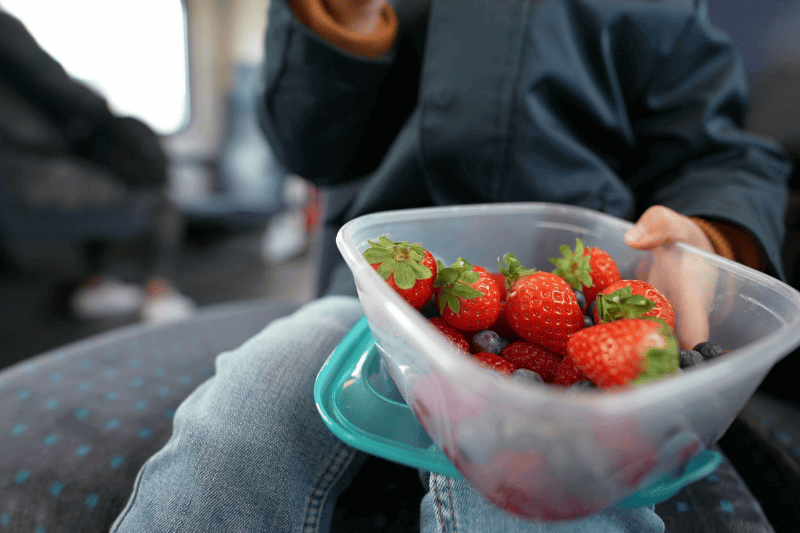 a container of berries snacks during travel