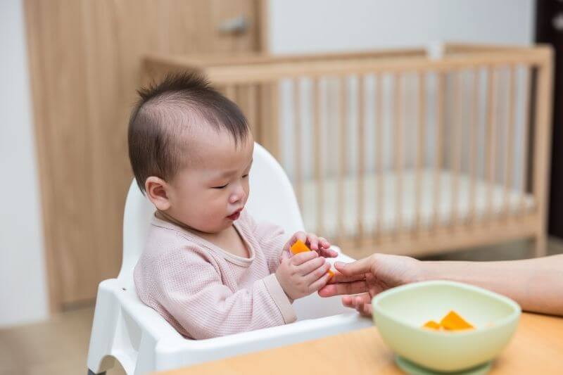 Baby Eating Carrot and Sitting on High Chair