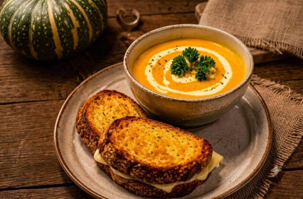 Creamy pumpkin soup served with crispy garlic spread toast