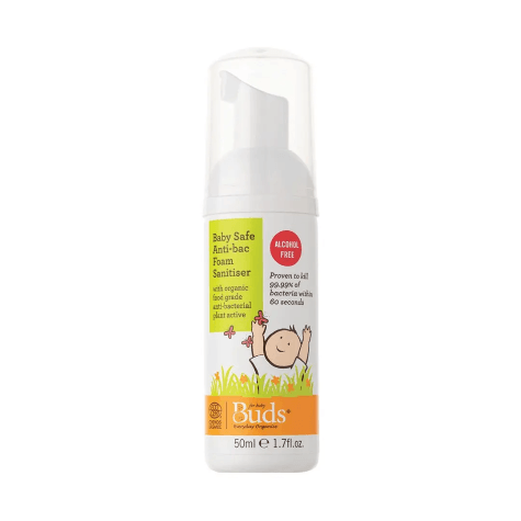 Buds Organics BEO Baby Safe Anti-Bac Foam Sanitiser for outings with a baby