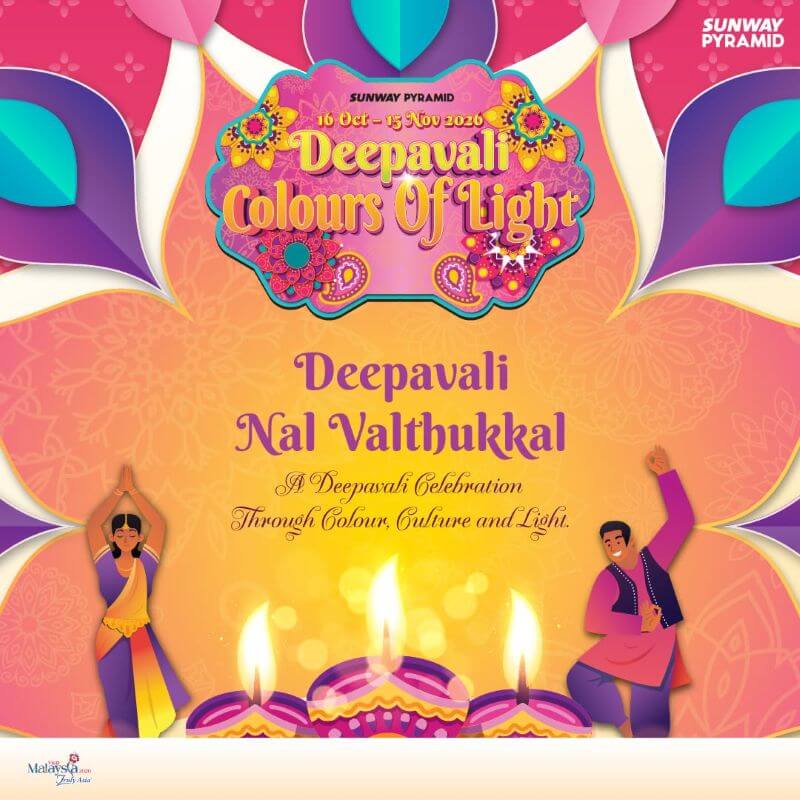 Sunway Pyramid Colours of Light Deepavali 2026 campaign poster with festive lamps and Deepavali Nal Valthukkal greeting