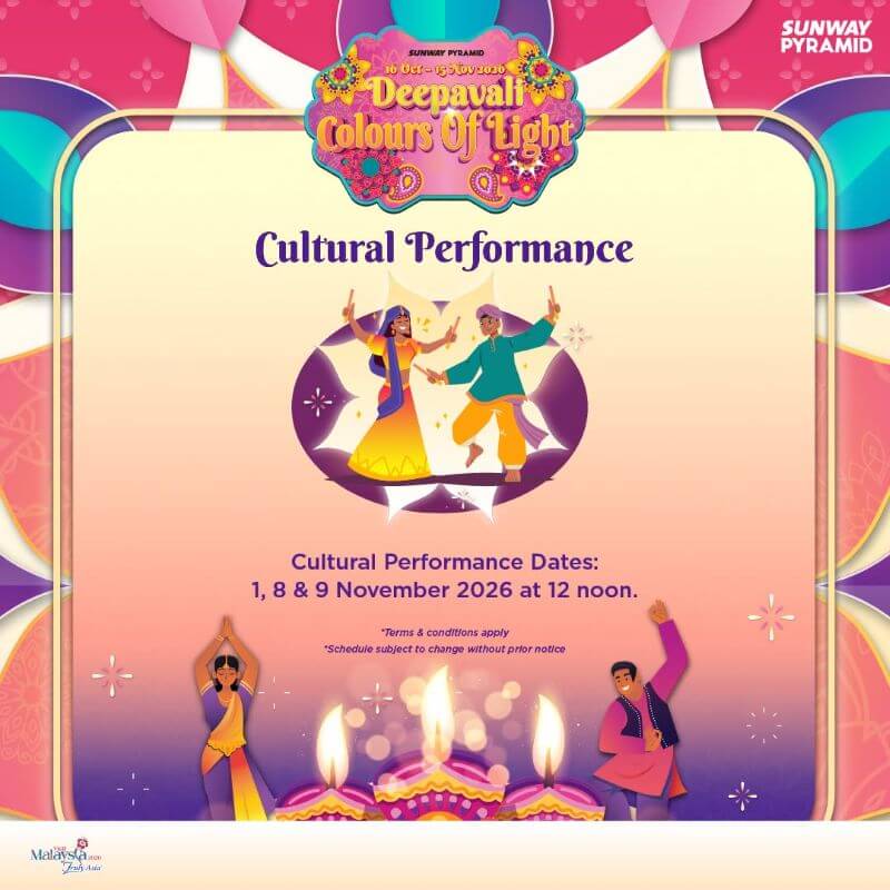Sunway Pyramid Deepavali 2026 cultural performance poster showing dates on 1, 8 and 9 November at 12 noon