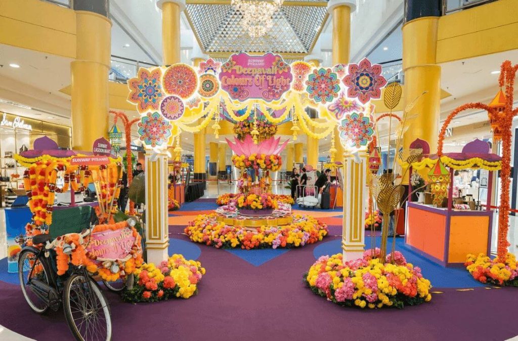 Sunway Pyramid's colourful Colours of Light Deepavali 2026 festive installation at the Grand Foyer