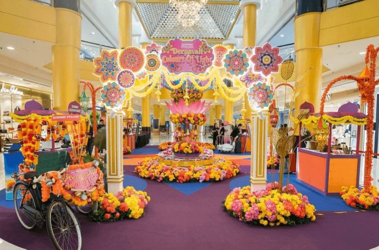 Sunway Pyramid's colourful Colours of Light Deepavali 2026 festive installation at the Grand Foyer