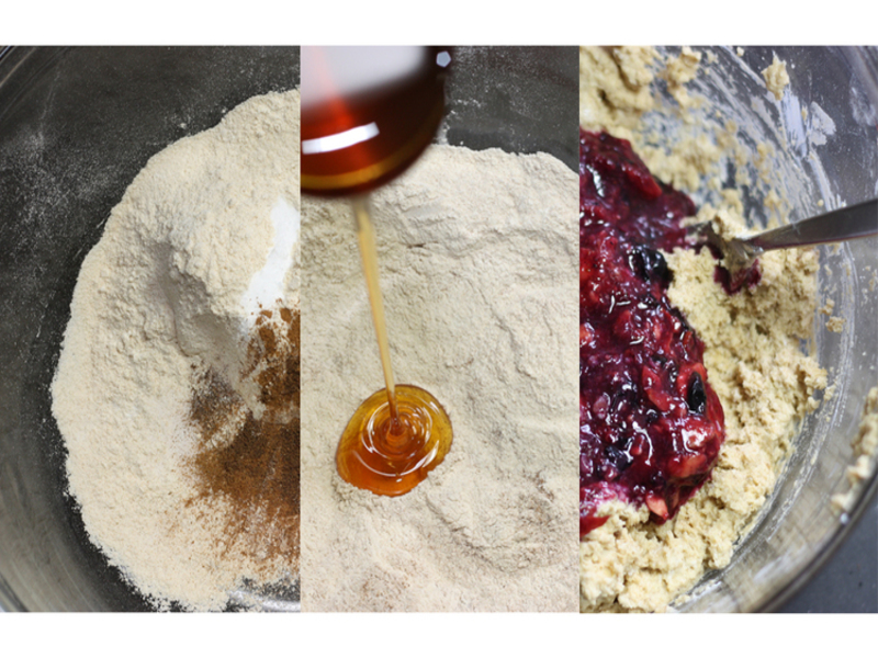 pouring honey into a bowl of flour