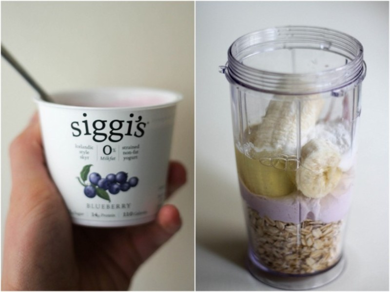 siggi's yogurt and yogurt with banana in a blender
