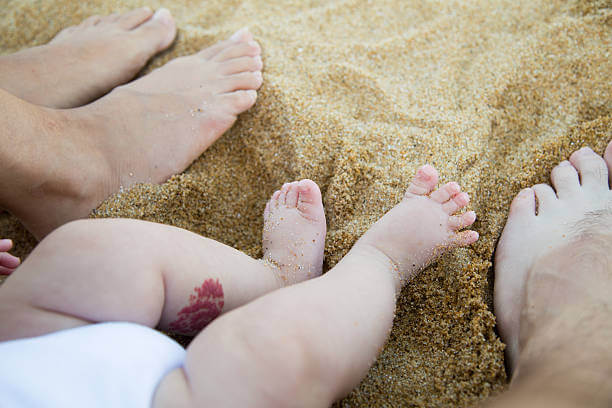kaki ibu bapa dan anak di pantai